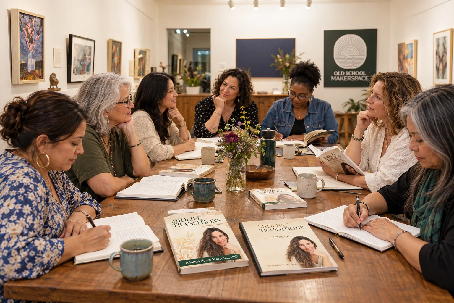 A group of women gathered around a table at Old School Makerspace, reading and writing in their Midlife Transitions books and journals